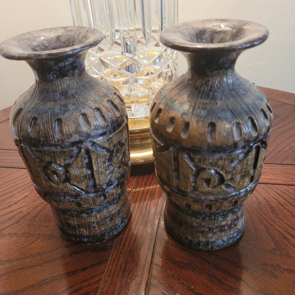 Vintage Mid Century Italian Art Pottery Glazed Carved Vases 7”